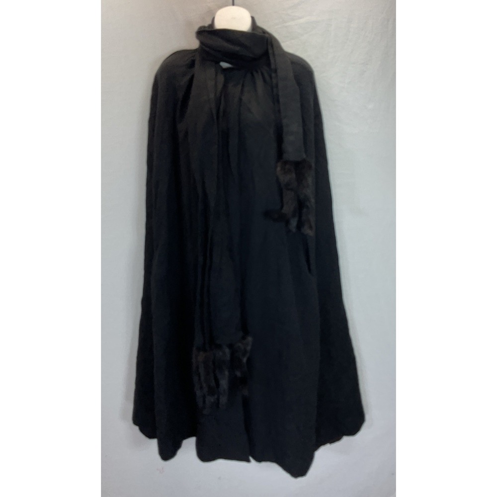 VTG Cest Simone Cape Mink Fur Tails 100% Wool Duster Evening Coat MD Goth Witchy